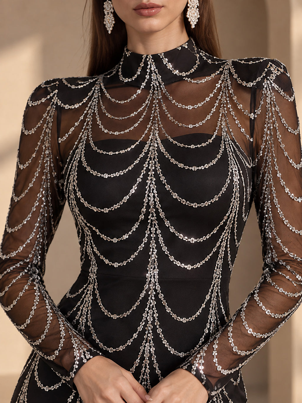 Women’s Black Luxury Sequin Mesh High Neck Long Sleeve Mermaid Maxi Dress with Draped Crystal Pattern