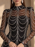 Women’s Black Luxury Sequin Mesh High Neck Long Sleeve Mermaid Maxi Dress with Draped Crystal Pattern