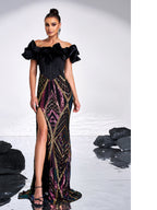 Women’s Black Glamorous Velvet Off-Shoulder Short Sleeve Maxi Dress with Ruffled Trim, Geometric Sequins and High Slit