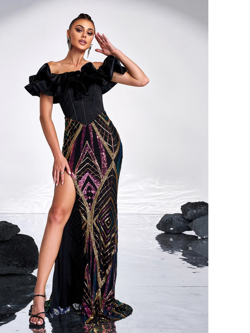 Women’s Black Glamorous Velvet Off-Shoulder Short Sleeve Maxi Dress with Ruffled Trim, Geometric Sequins and High Slit