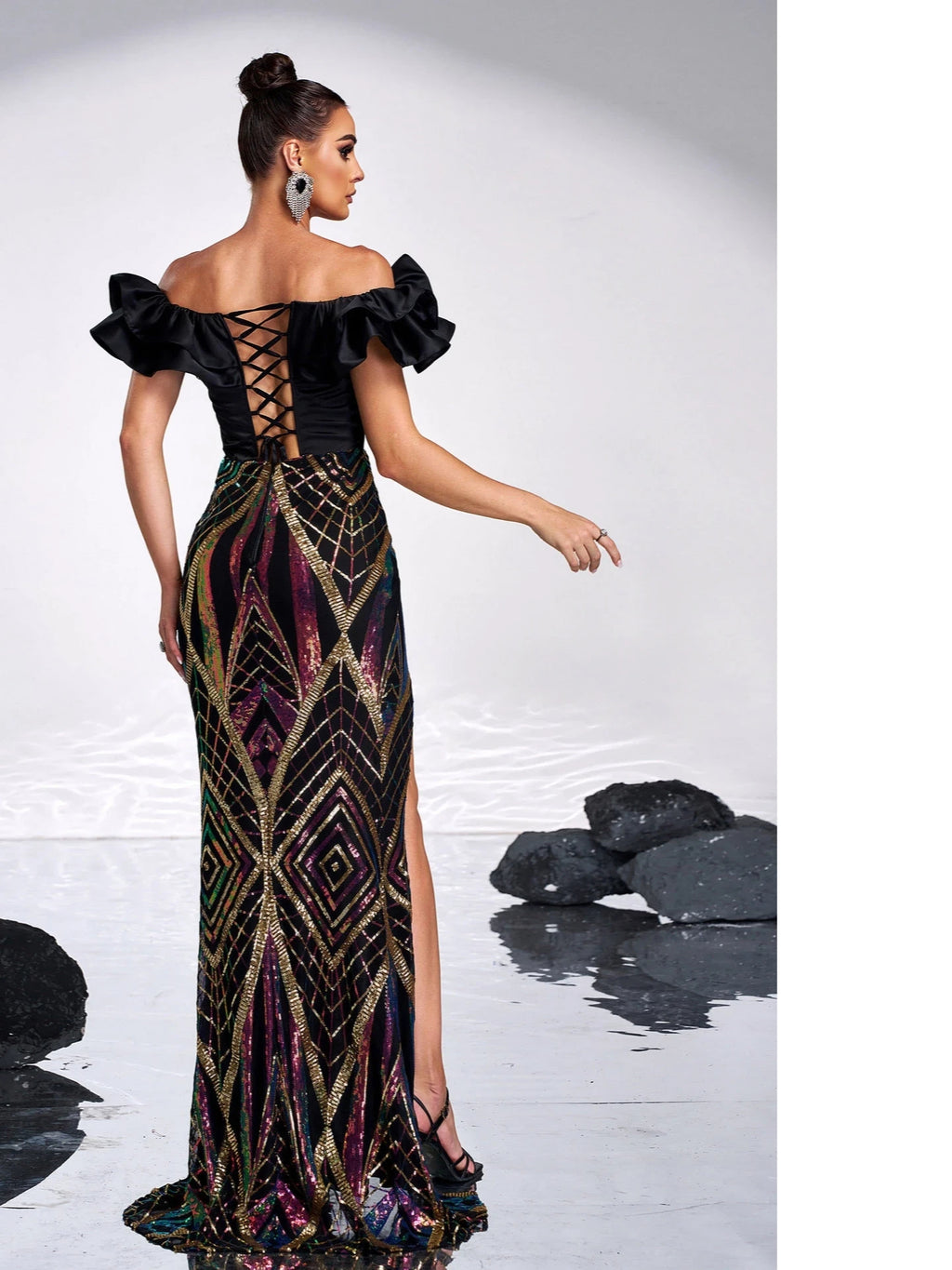 Women’s Black Glamorous Velvet Off-Shoulder Short Sleeve Maxi Dress with Ruffled Trim, Geometric Sequins and High Slit