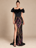 Women’s Black Glamorous Velvet Off-Shoulder Short Sleeve Maxi Dress with Ruffled Trim, Geometric Sequins and High Slit