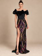 Women’s Black Glamorous Velvet Off-Shoulder Short Sleeve Maxi Dress with Ruffled Trim, Geometric Sequins and High Slit