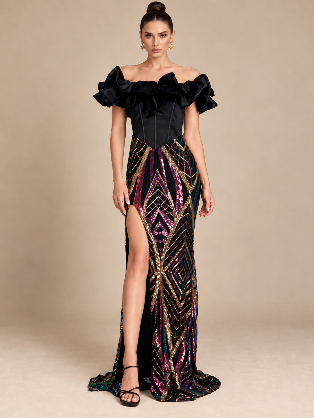 Women’s Black Glamorous Velvet Off-Shoulder Short Sleeve Maxi Dress with Ruffled Trim, Geometric Sequins and High Slit