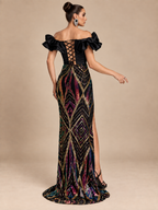 Women’s Black Glamorous Velvet Off-Shoulder Short Sleeve Maxi Dress with Ruffled Trim, Geometric Sequins and High Slit