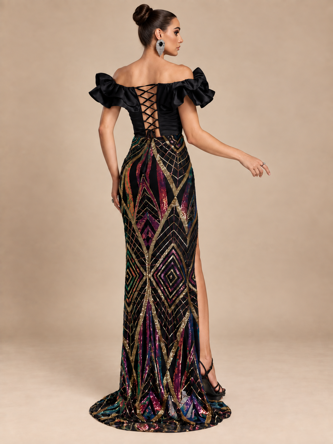 Women’s Black Glamorous Velvet Off-Shoulder Short Sleeve Maxi Dress with Ruffled Trim, Geometric Sequins and High Slit