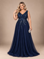 Women’s Navy Blue Elegant Sequin V-Neck Sleeveless A-Line Maxi Dress with Embellished Ruched Detail