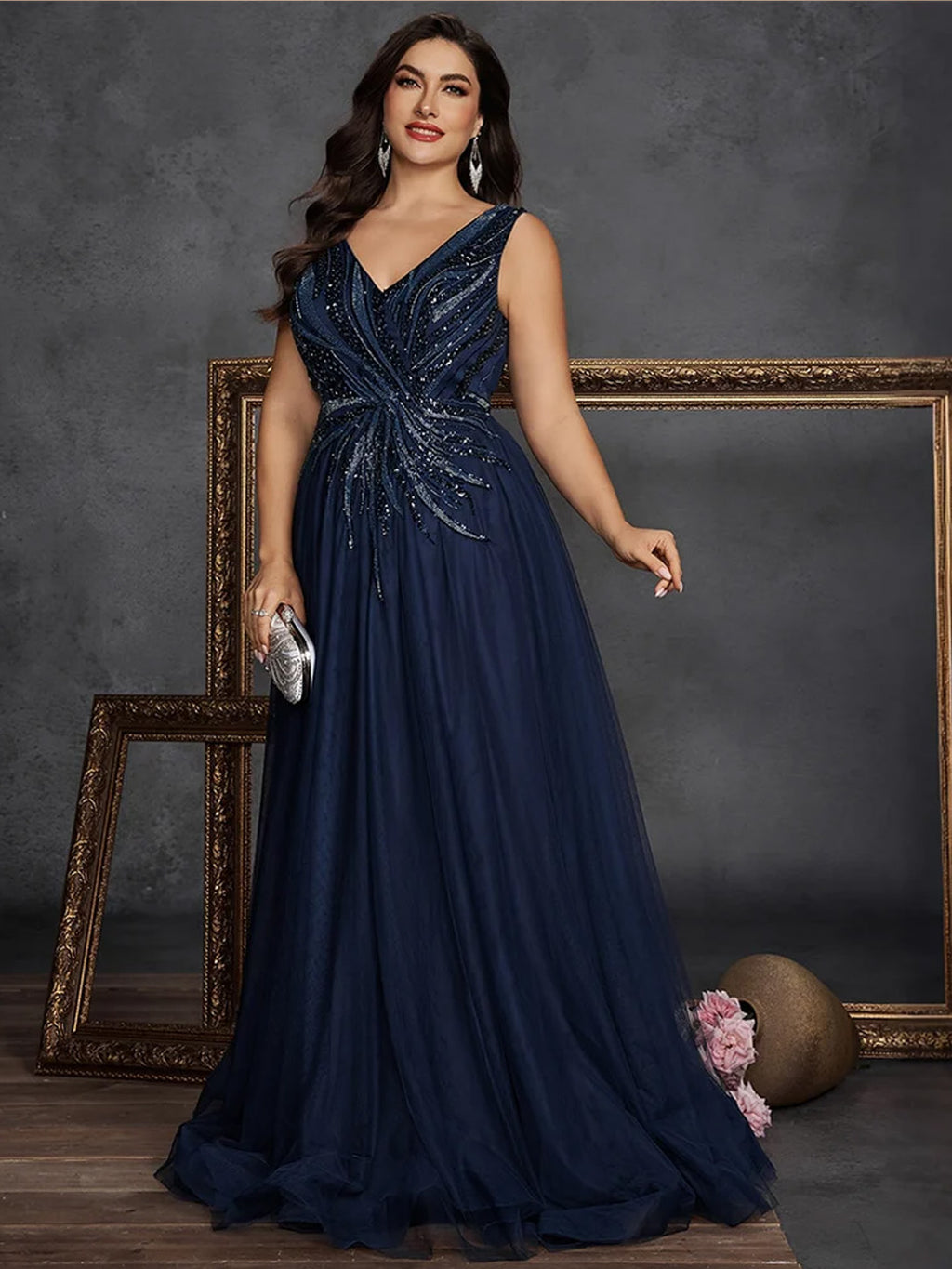 Women’s Navy Blue Elegant Sequin V-Neck Sleeveless A-Line Maxi Dress with Embellished Ruched Detail