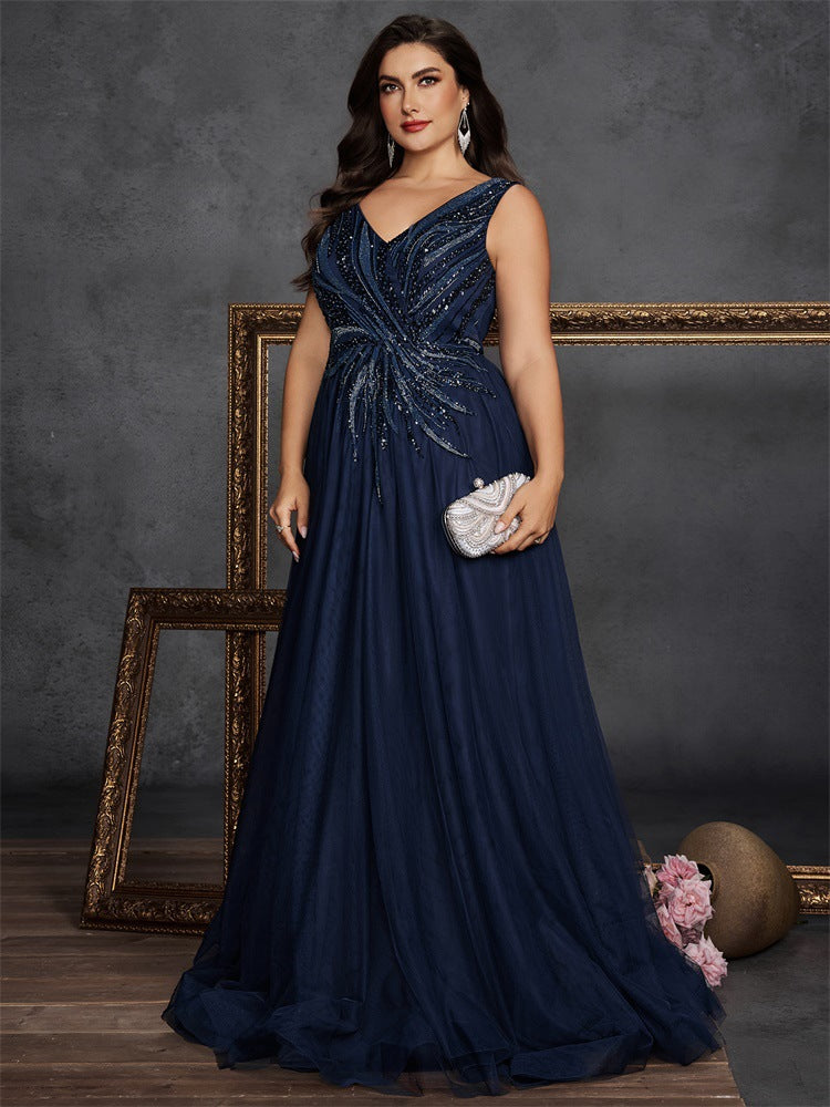 Women’s Navy Blue Elegant Sequin V-Neck Sleeveless A-Line Maxi Dress with Embellished Ruched Detail
