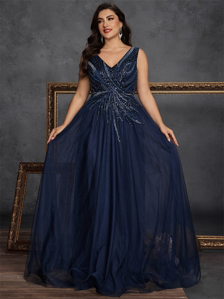 Women’s Navy Blue Elegant Sequin V-Neck Sleeveless A-Line Maxi Dress with Embellished Ruched Detail