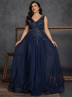 Women’s Navy Blue Elegant Sequin V-Neck Sleeveless A-Line Maxi Dress with Embellished Ruched Detail