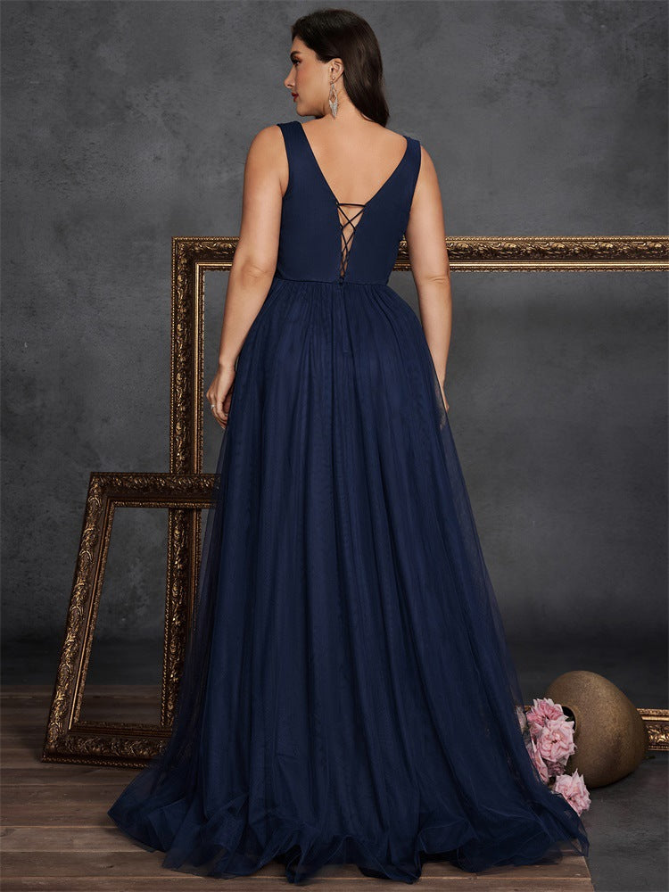 Women’s Navy Blue Elegant Sequin V-Neck Sleeveless A-Line Maxi Dress with Embellished Ruched Detail