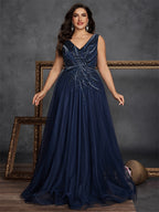 Women’s Navy Blue Elegant Sequin V-Neck Sleeveless A-Line Maxi Dress with Embellished Ruched Detail