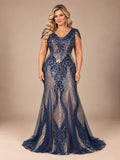 Women’s Navy Blue Elegant Sequin V-Neck Cap Sleeve Mermaid Maxi Dress with Embroidered Mesh Detail