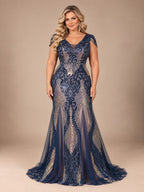 Women’s Navy Blue Elegant Sequin V-Neck Cap Sleeve Mermaid Maxi Dress with Embroidered Mesh Detail