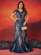 Women’s Navy Blue Elegant Sequin V-Neck Cap Sleeve Mermaid Maxi Dress with Embroidered Mesh Detail