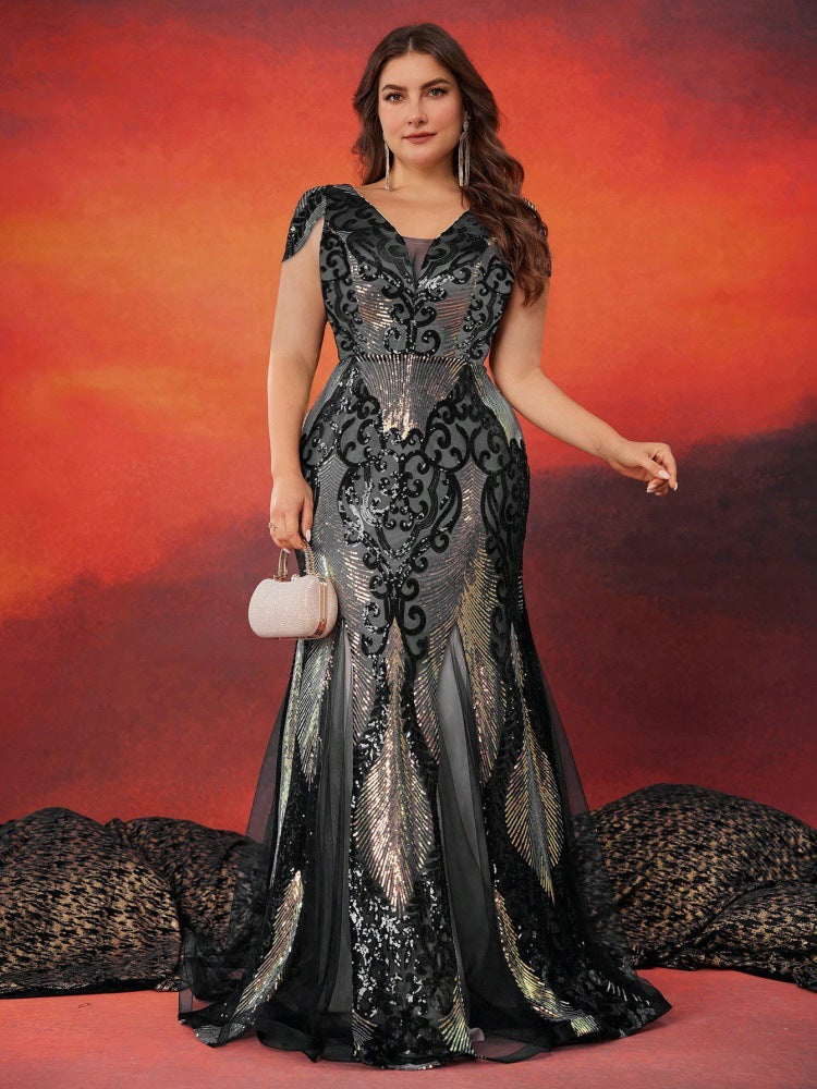 Women’s Navy Blue Elegant Sequin V-Neck Cap Sleeve Mermaid Maxi Dress with Embroidered Mesh Detail