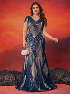 Women’s Navy Blue Elegant Sequin V-Neck Cap Sleeve Mermaid Maxi Dress with Embroidered Mesh Detail