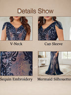 Women’s Navy Blue Elegant Sequin V-Neck Cap Sleeve Mermaid Maxi Dress with Embroidered Mesh Detail
