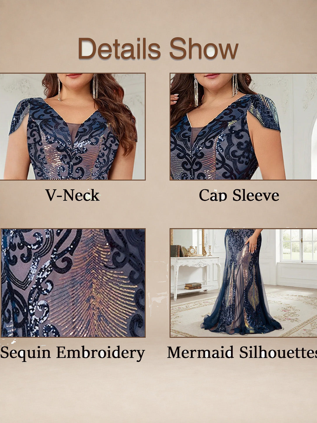 Women’s Navy Blue Elegant Sequin V-Neck Cap Sleeve Mermaid Maxi Dress with Embroidered Mesh Detail