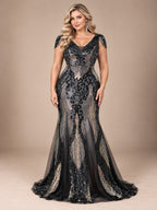 Women’s Navy Blue Elegant Sequin V-Neck Cap Sleeve Mermaid Maxi Dress with Embroidered Mesh Detail