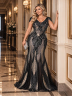 Women’s Navy Blue Elegant Sequin V-Neck Cap Sleeve Mermaid Maxi Dress with Embroidered Mesh Detail