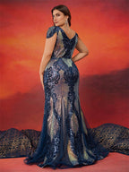 Women’s Navy Blue Elegant Sequin V-Neck Cap Sleeve Mermaid Maxi Dress with Embroidered Mesh Detail