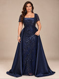 Women’s Navy Blue Elegant Sequin Square Neck Short Sleeve A-Line Maxi Dress with Satin Overlay Detail
