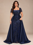 Women’s Navy Blue Elegant Sequin Square Neck Short Sleeve A-Line Maxi Dress with Satin Overlay Detail
