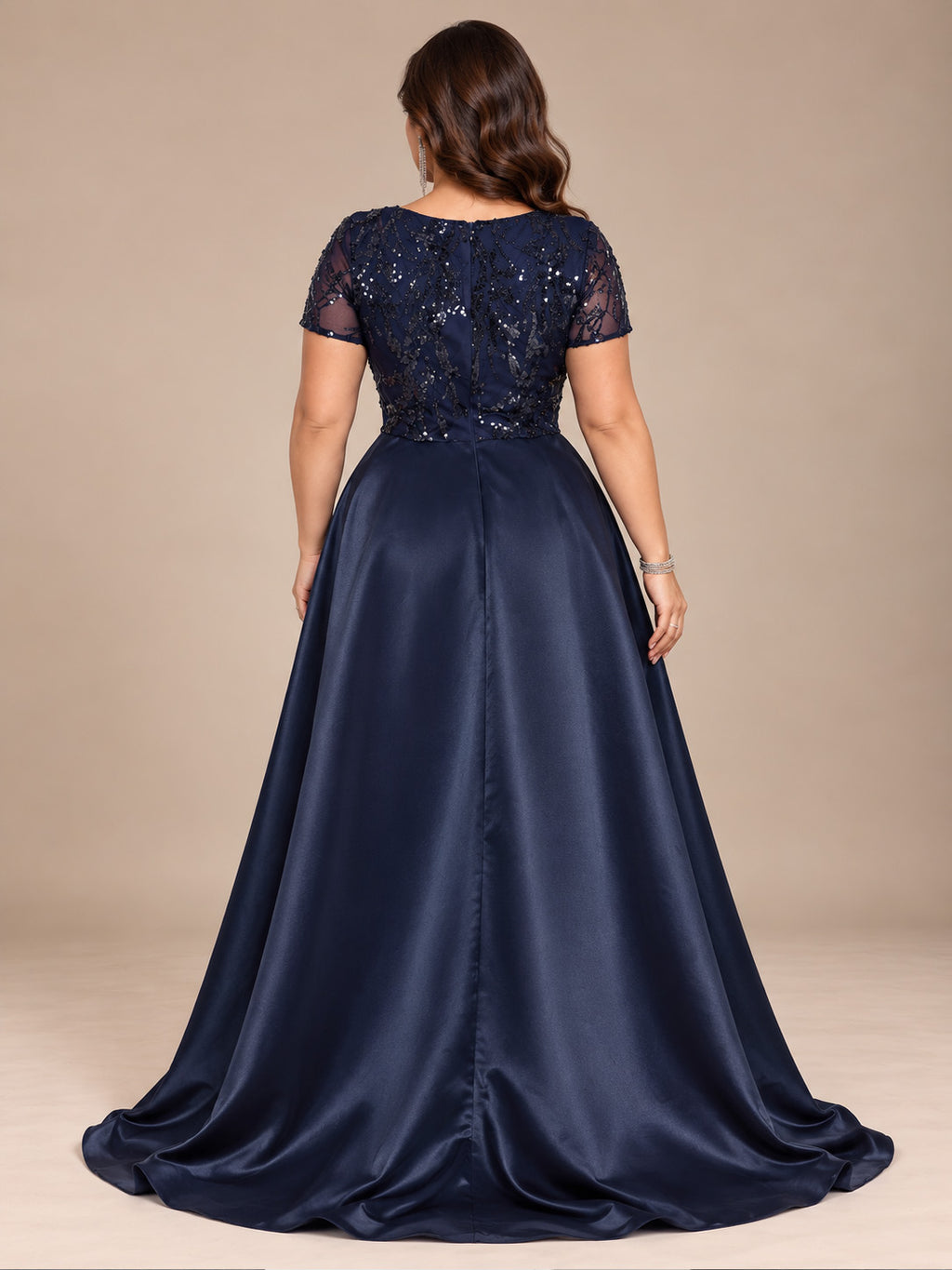 Women’s Navy Blue Elegant Sequin Square Neck Short Sleeve A-Line Maxi Dress with Satin Overlay Detail