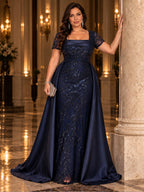 Women’s Navy Blue Elegant Sequin Square Neck Short Sleeve A-Line Maxi Dress with Satin Overlay Detail