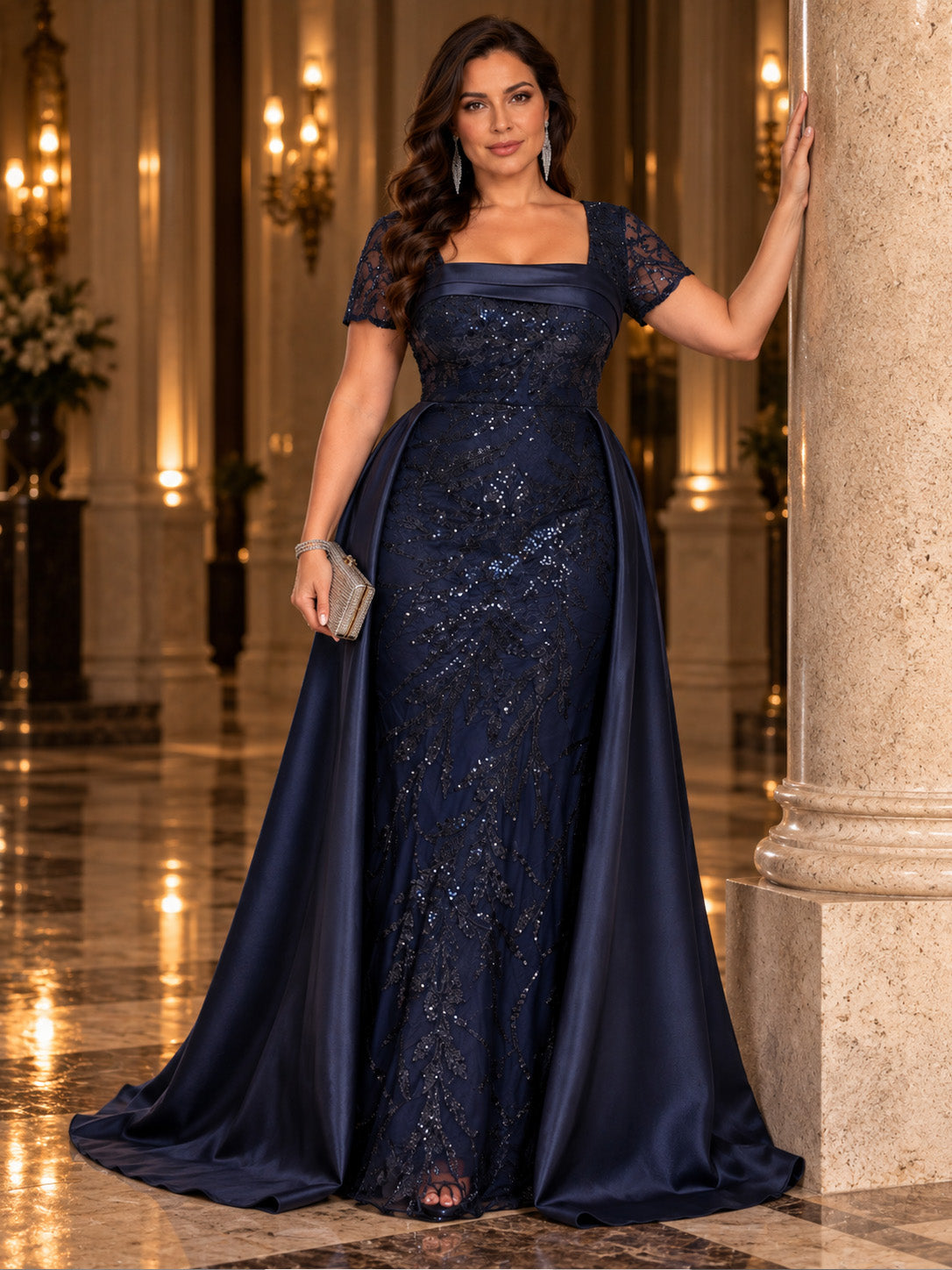 Women’s Navy Blue Elegant Sequin Square Neck Short Sleeve A-Line Maxi Dress with Satin Overlay Detail