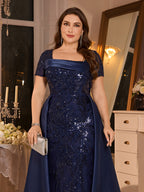 Women’s Navy Blue Elegant Sequin Square Neck Short Sleeve A-Line Maxi Dress with Satin Overlay Detail