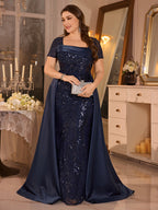 Women’s Navy Blue Elegant Sequin Square Neck Short Sleeve A-Line Maxi Dress with Satin Overlay Detail