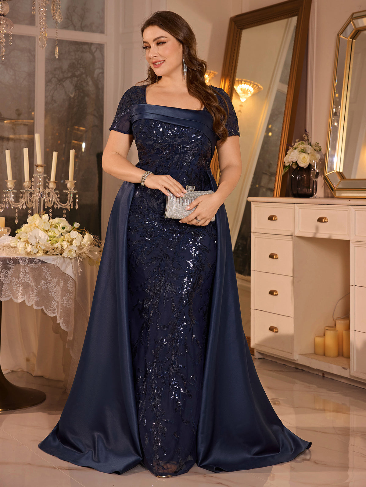 Women’s Navy Blue Elegant Sequin Square Neck Short Sleeve A-Line Maxi Dress with Satin Overlay Detail