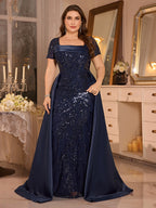 Women’s Navy Blue Elegant Sequin Square Neck Short Sleeve A-Line Maxi Dress with Satin Overlay Detail