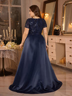 Women’s Navy Blue Elegant Sequin Square Neck Short Sleeve A-Line Maxi Dress with Satin Overlay Detail
