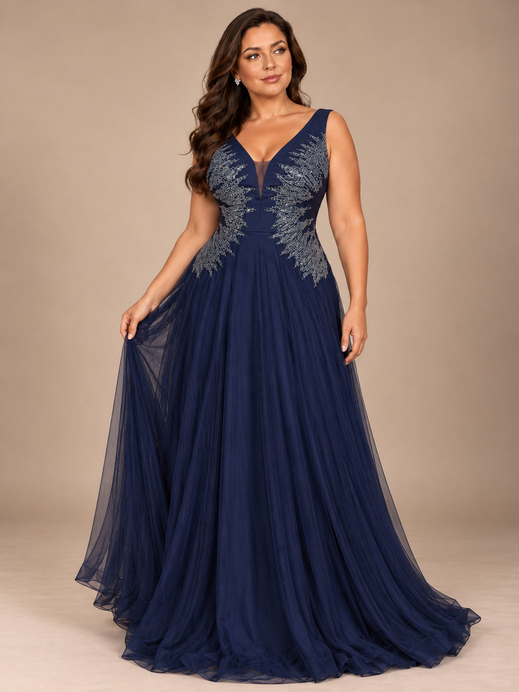 Women’s Navy Blue Elegant Embroidered Mesh V-Neck Sleeveless A-Line Maxi Dress with Sequin Detail