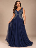 Women’s Navy Blue Elegant Embroidered Mesh V-Neck Sleeveless A-Line Maxi Dress with Sequin Detail