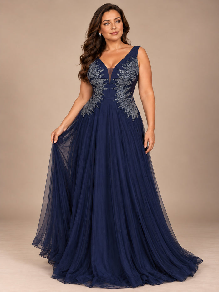 Women’s Navy Blue Elegant Embroidered Mesh V-Neck Sleeveless A-Line Maxi Dress with Sequin Detail