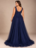 Women’s Navy Blue Elegant Embroidered Mesh V-Neck Sleeveless A-Line Maxi Dress with Sequin Detail