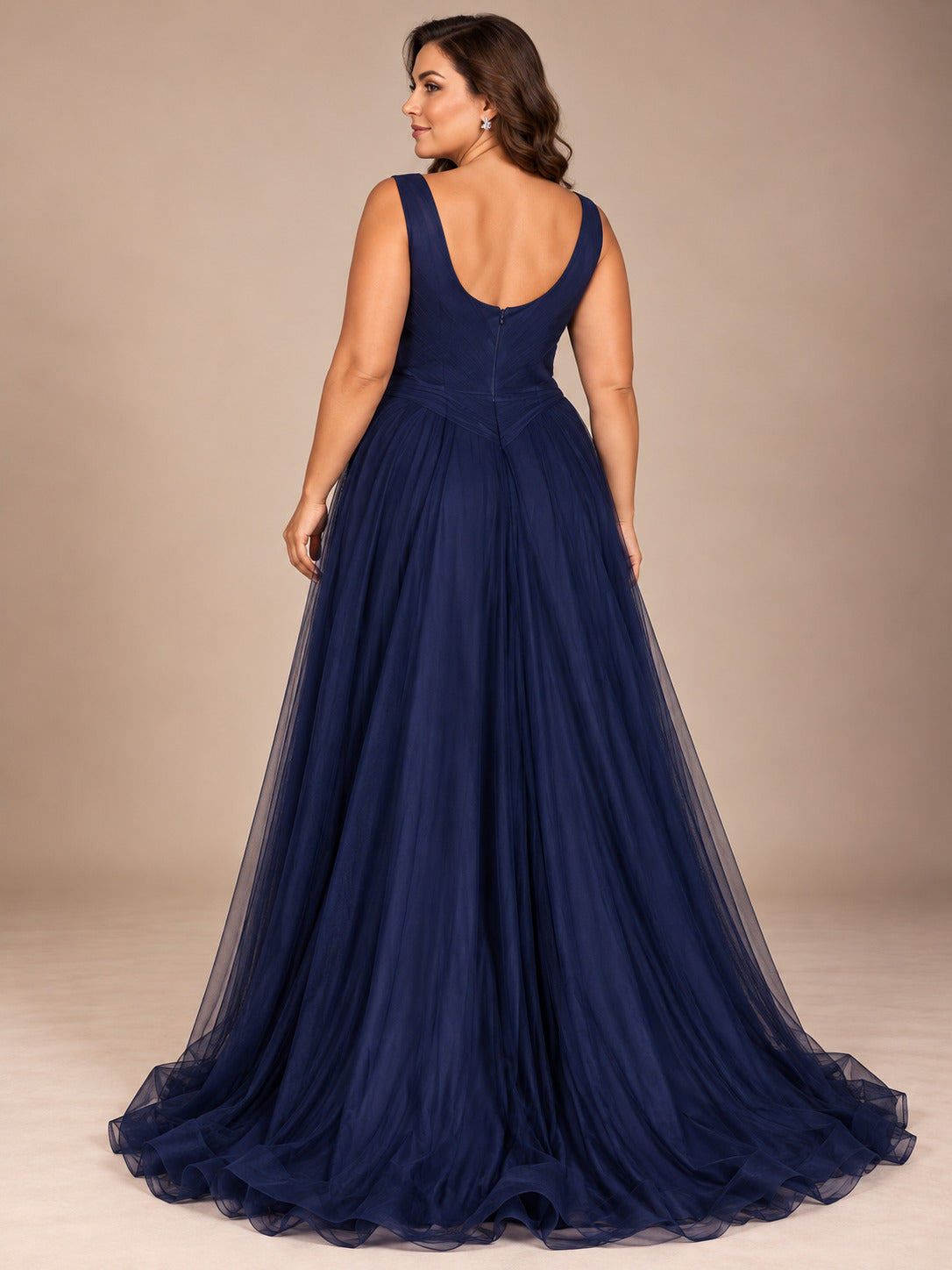 Women’s Navy Blue Elegant Embroidered Mesh V-Neck Sleeveless A-Line Maxi Dress with Sequin Detail