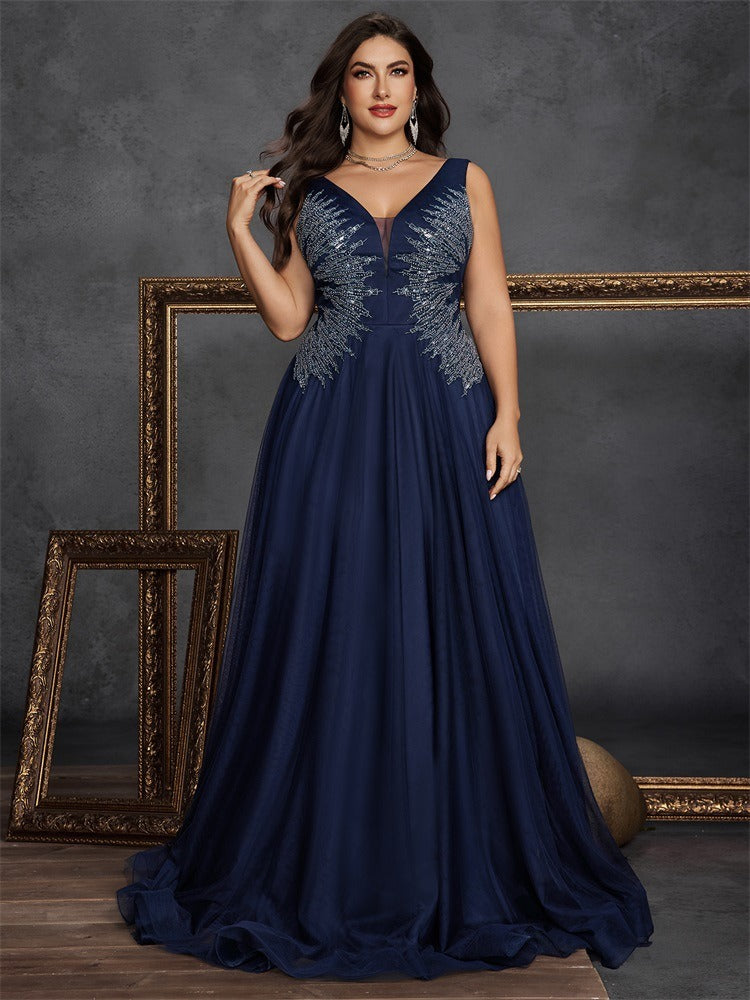 Women’s Navy Blue Elegant Embroidered Mesh V-Neck Sleeveless A-Line Maxi Dress with Sequin Detail