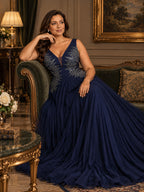 Women’s Navy Blue Elegant Embroidered Mesh V-Neck Sleeveless A-Line Maxi Dress with Sequin Detail