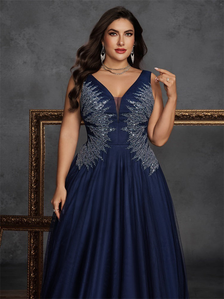 Women’s Navy Blue Elegant Embroidered Mesh V-Neck Sleeveless A-Line Maxi Dress with Sequin Detail