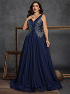 Women’s Navy Blue Elegant Embroidered Mesh V-Neck Sleeveless A-Line Maxi Dress with Sequin Detail