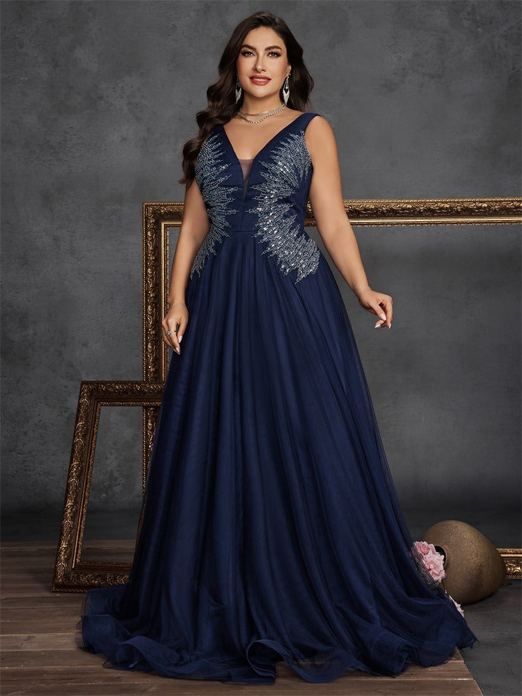 Women’s Navy Blue Elegant Embroidered Mesh V-Neck Sleeveless A-Line Maxi Dress with Sequin Detail