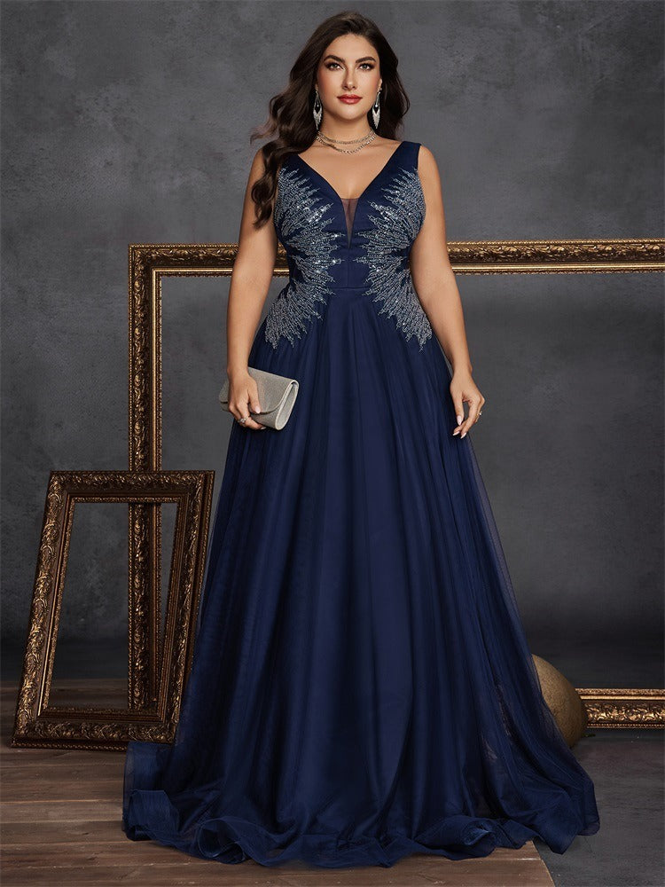 Women’s Navy Blue Elegant Embroidered Mesh V-Neck Sleeveless A-Line Maxi Dress with Sequin Detail