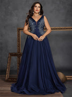 Women’s Navy Blue Elegant Embroidered Mesh V-Neck Sleeveless A-Line Maxi Dress with Sequin Detail