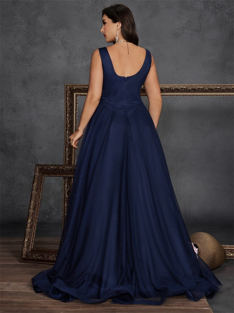 Women’s Navy Blue Elegant Embroidered Mesh V-Neck Sleeveless A-Line Maxi Dress with Sequin Detail